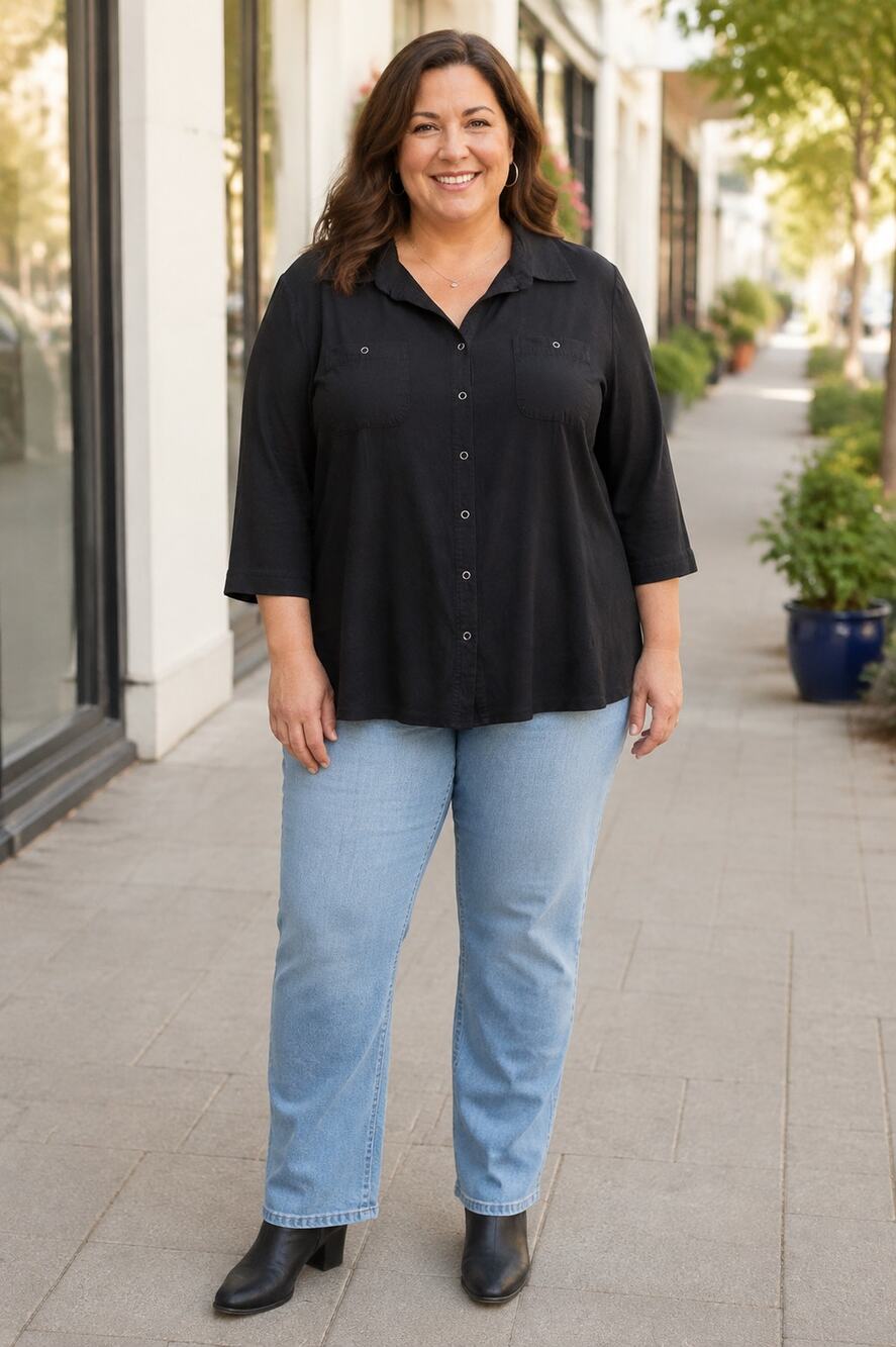 Style & Co Woman 3X Washed Black Cotton Knit Woven Snap Front Shirt